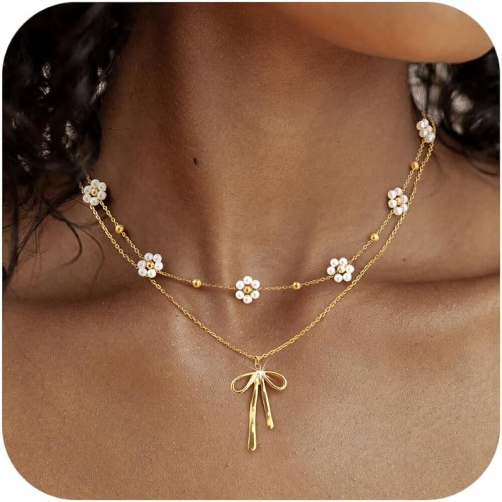 Women’s Gold Pearl Necklace Set Dainty Layered Bow Flower Jewelry Gift